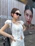 Summer Square Neck Lace Ribbon Puff Sleeves Blouse